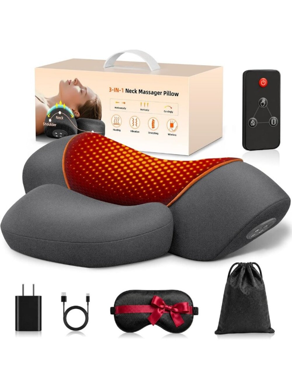 3-in-1 Cordless Neck Massager Pillow with Heat & Vibration, Remote Control